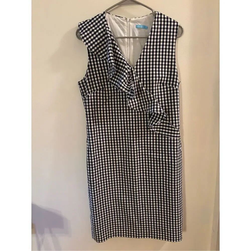 J McLaughlin Navy Gingham Ruffle Sleeveless Dress